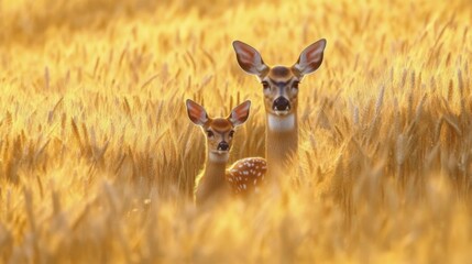 A doe and a fawn stand in a sunlit wheat field, creating a serene and natural scene.