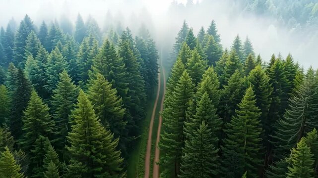 aerial drone view of green coniferous forest with road trail, 