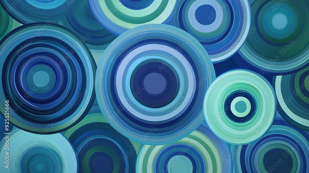 Poster abstract art featuring blue and green concentric circles arranged in varying sizes on a dark backgro