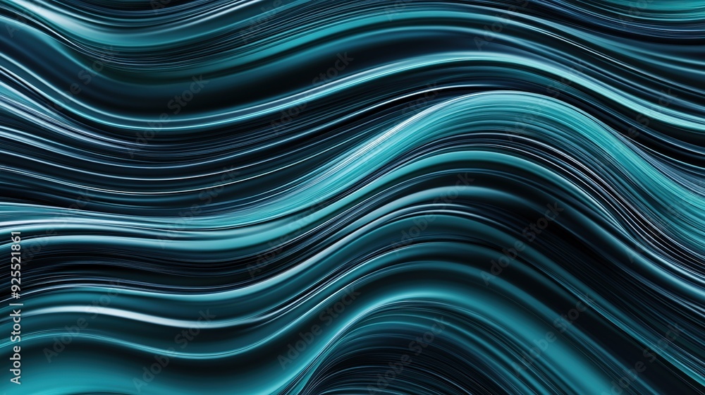 Poster flowing abstract patterns of teal and black stripes creating a dynamic visual effect