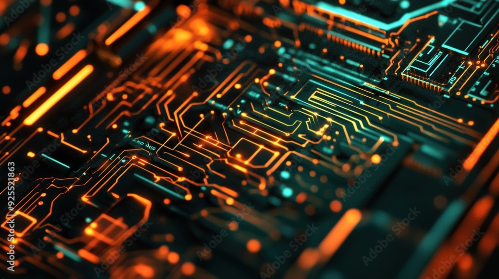 Poster close-up of a glowing circuit board with intricate pathways and vibrant orange and teal colors