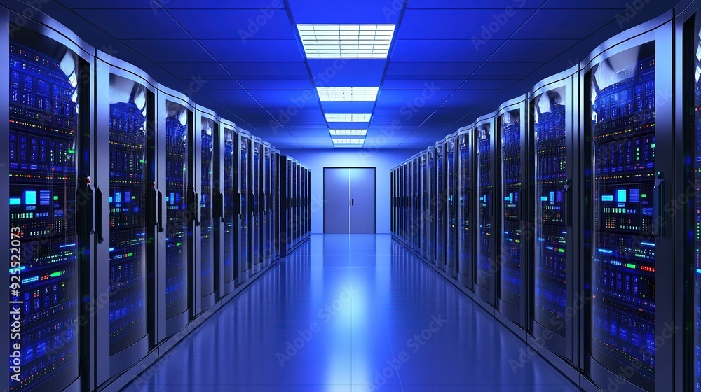 Poster modern data center with rows of servers illuminated by blue lighting