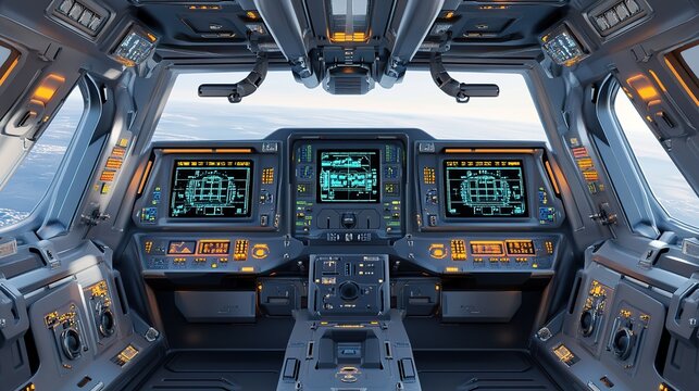 Advanced spacecraft cockpit with multiple display screens and control panels, showcasing cutting-edge technology and design in space exploration