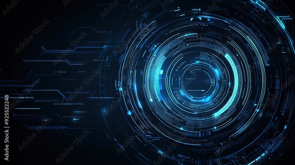 Poster abstract blue digital circular pattern with glowing lines on a dark background