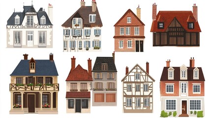 Fototapeta premium Charming collection of diverse architectural styles featuring ten unique houses set against a light background