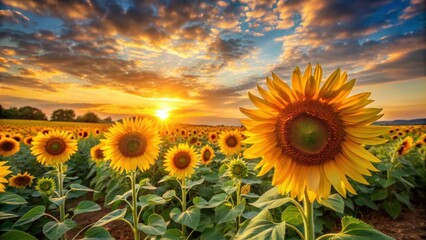 Obraz premium Sunflowers blooming in a golden sunset in the peaceful countryside, sunflowers, blooming, sunset, countryside, nature