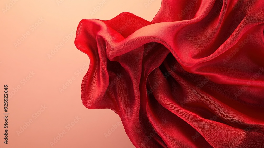 Poster flowing red fabric draping elegantly against a soft peach background