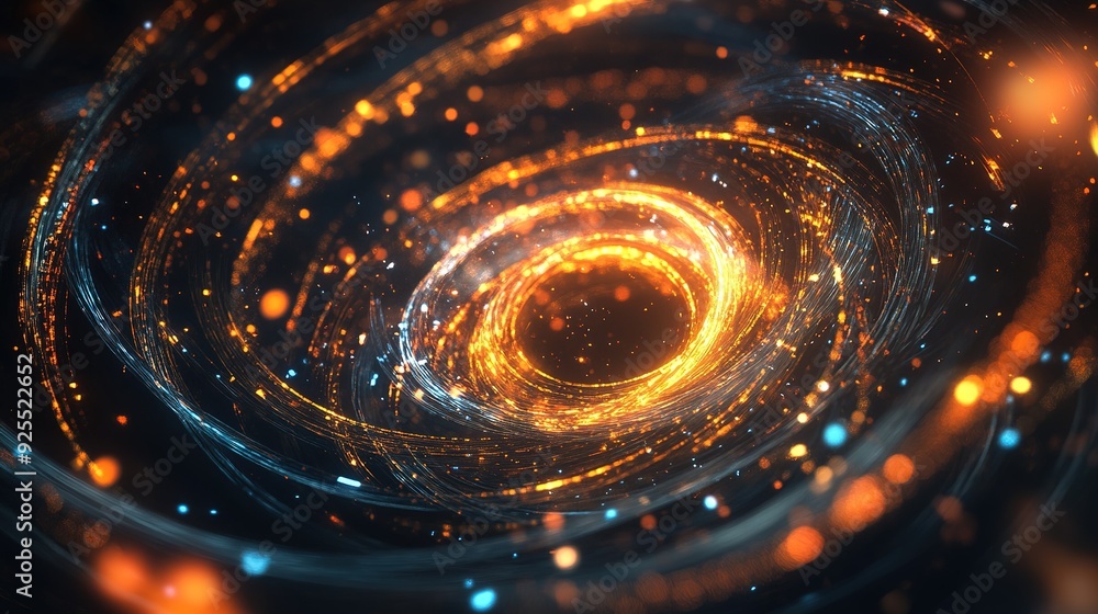 Poster swirling cosmic vortex illuminated by glowing particles, depicting an abstract representation of spa