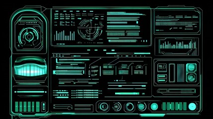Futuristic digital dashboard interface displaying data visualizations and metrics in neon green against a black background
