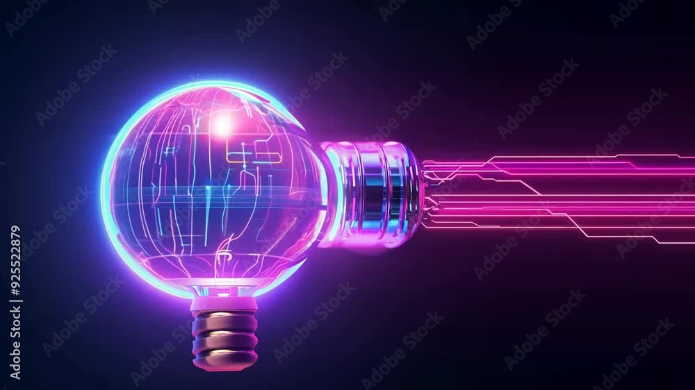 Poster futuristic ai light bulb with neon colors on dark background generative ai
