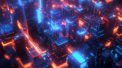 A vibrant futuristic cityscape illuminated by bright neon lights, showcasing an intricate network of buildings and technology.