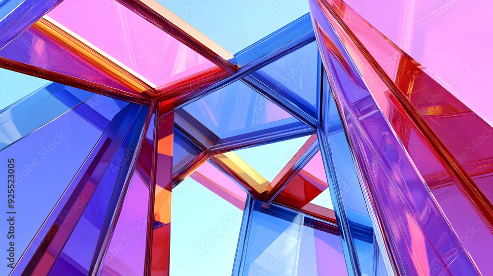Poster colorful geometric structures create an abstract architectural design.