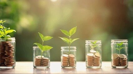 Growing Prosperity: Witness the captivating journey of financial growth as golden coins sprout verdant seedlings, symbolizing wealth, investment, and sustainable returns in a radiant, sun-kissed setti
