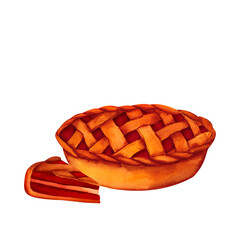 A fragrant pie with a thick crust, stuffed with apples, berries or pumpkins. Watercolor botanical isolated illustration for tea party, harvest festival, rustic, farm or rural style,harvest festival,