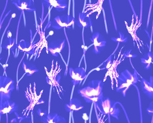 Gothic style seamless pattern with witch hands and flowers. Halloween themed graphic print for clothing, fabric, wallpaper, home decor, wrapping paper.