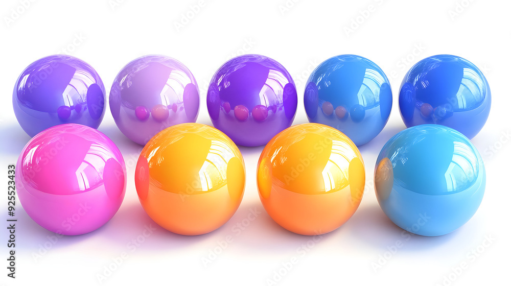 Poster colorful glossy spheres arranged in a circular pattern on a white background.