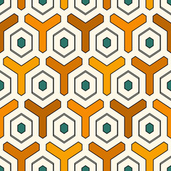 Honeycomb seamless pattern. Hexagon mosaic tiles ornament. Ethnic surface print. Repeated geometric figures background. Ornamental wallpaper. Modern geo design digital paper. Vector abstract art work