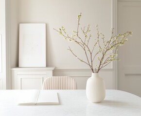 Stylish and feminine home office desk, white aesthetic, faceless digital marketing, Spring Branch in White Vase on Minimalist Table, Elegant Home Decor, Bright and Fresh Interior Design