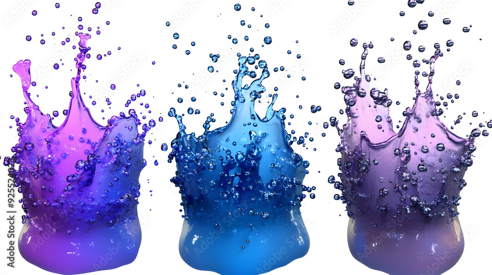 Poster colorful splashes of liquid in shades of purple and blue, creating a dynamic visual effect.