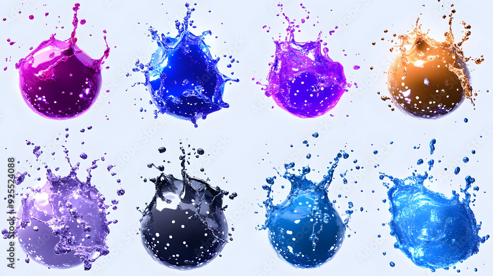Poster colorful splashes of liquid in various shades, showcasing dynamic motion and texture.
