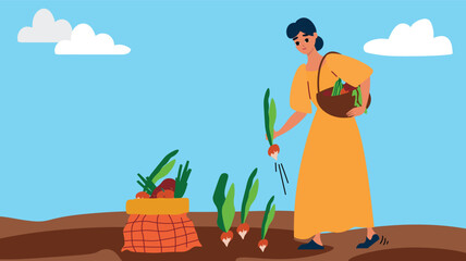 Woman harvesting fresh vegetables, picking carrots from a garden under a clear sky.

