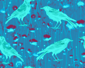 Gothic style seamless pattern with soft blurry ravens and flowers. Halloween themed graphic print for clothing, fabric, wallpaper, home decor, wrapping paper.