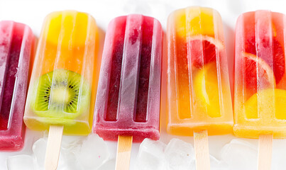  frozen fruit bars/Popsicles in a PNG, horizontal format, in a frozen treat/desert-theme, isolated, and transparent photorealistic illustration. Generative ai