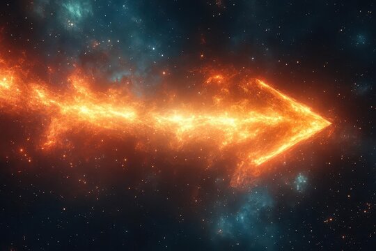 abstract composition of intertwining light beams forming an arrow shape symbolizing guidance and direction against a cosmic background