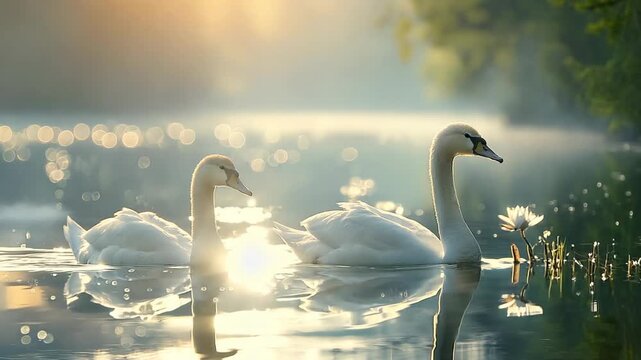 at nature pond two cute swan swimming together in morning with sunlight bokeh reflecting on water surface