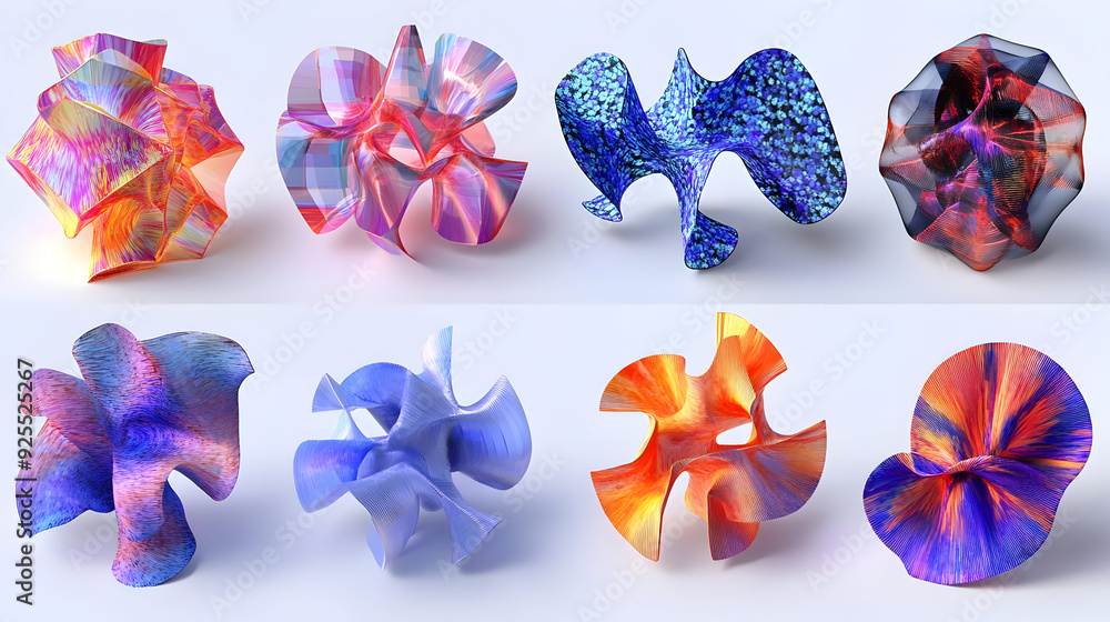 Aufkleber eight 3d abstract shapes with a colorful pattern on a white background.