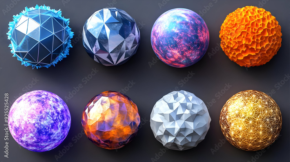 Poster eight abstract spheres with different textures and colors arranged in two rows on a dark background.