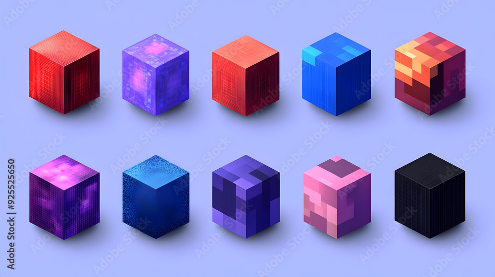 Poster eight colorful cubes on a purple background, each with a different pixelated pattern.