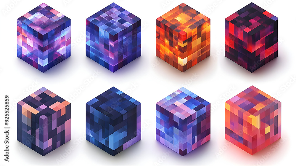 Aufkleber eight colorful cubes with pixelated patterns on a white background.