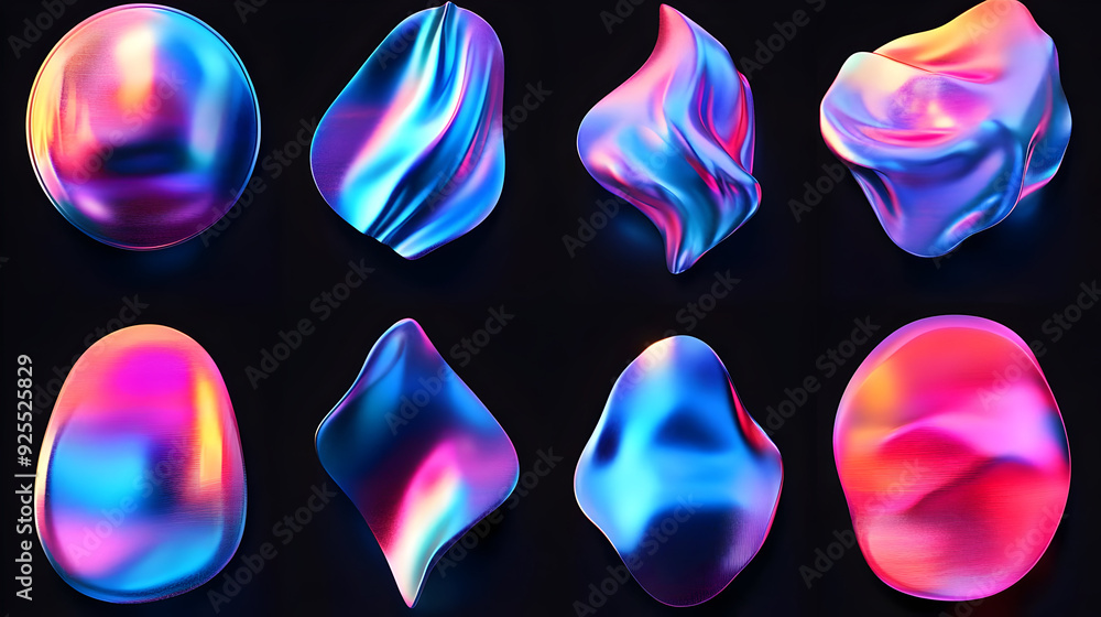 Poster eight iridescent abstract shapes with metallic texture on a dark background.