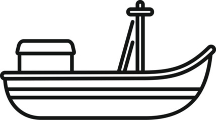Simple black and white line drawing of a small fishing boat with a cabin for fishing industry
