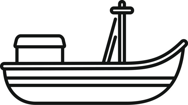 recommend clip art: Simple black and white line drawing of a small fishing boat with a cabin for fishing industry