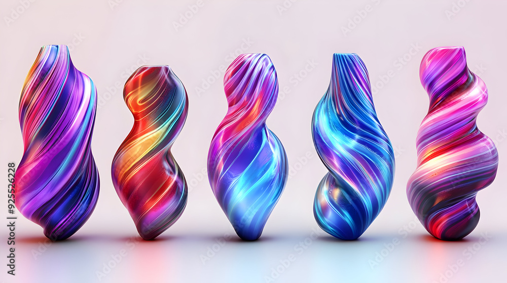 Aufkleber five colorful abstract spiral objects in a row on a light background.