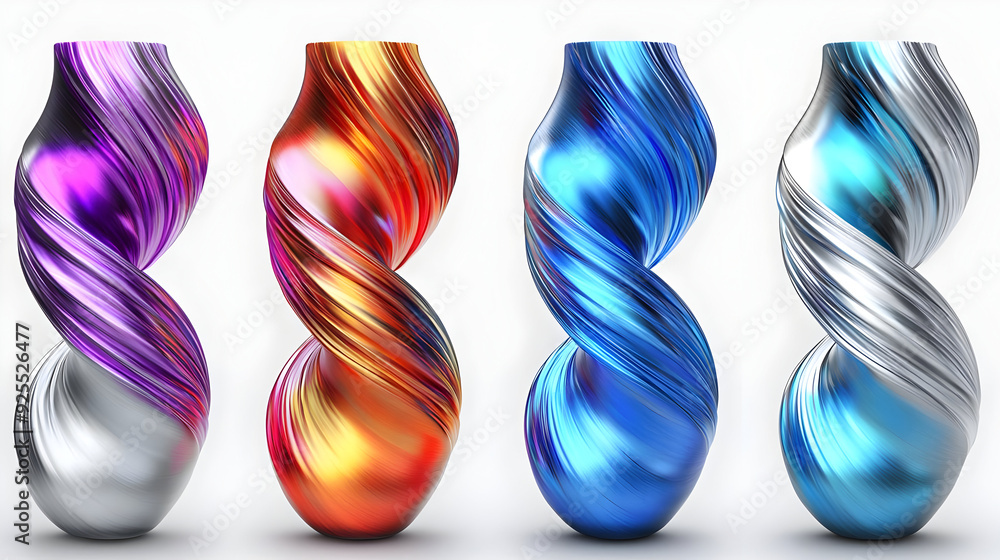 Poster Four abstract vases in various colors with a spiral design.