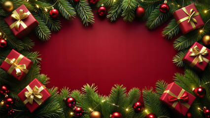 Christmas background with fir tree branches, red gift boxes, red balls and garland.