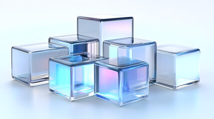 Group of six blue and transparent glass cubes on a white background.