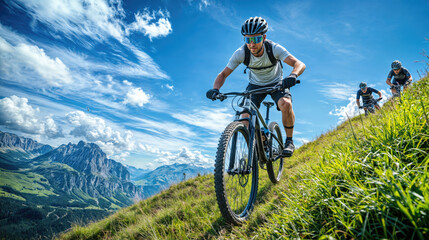 Fototapeta premium Cyclist leading group uphill on mountain bike trail