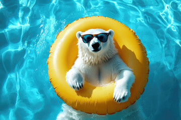 Polar bear relaxing on inflatable ring in a refreshing swimming pool