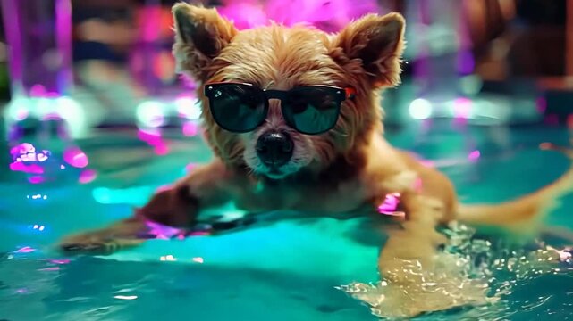cute teddy bear wearing sunglasses sitting in floatie, relax in pool, happy summer vacation time