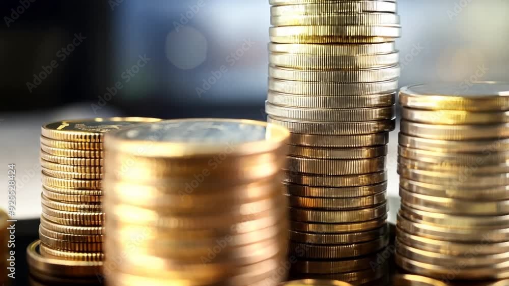 Poster Golden Fortunes: Stacks of gleaming coins promise prosperity and financial security in this close-up shot. 