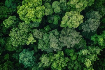 A bird's-eye view of a dense, vibrant green forest showcasing diverse tree canopies.