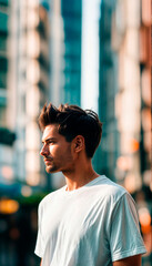 Close-up of a man wearing a plain white t-shirt in an urban setting, ideal for fashion, apparel marketing, or product mockups, emphasizing simplicity and versatility for branding and promotional use.