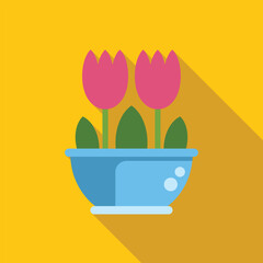 Two pink tulips growing in a blue pot on a yellow background with a long shadow