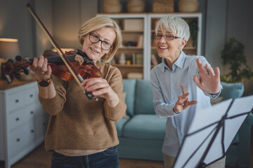 Private music teacher give violin lesson mature senior woman at home