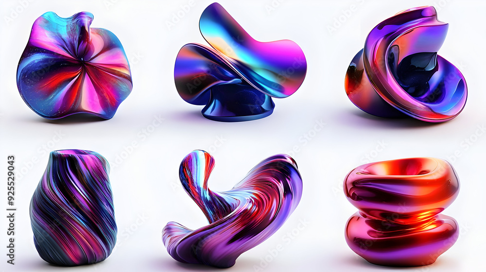 Aufkleber set of six abstract iridescent 3d objects with a holographic finish.