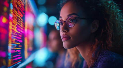 A diverse team of office workers sitting in front of a computer, analyzing data and making strategic business decisions.